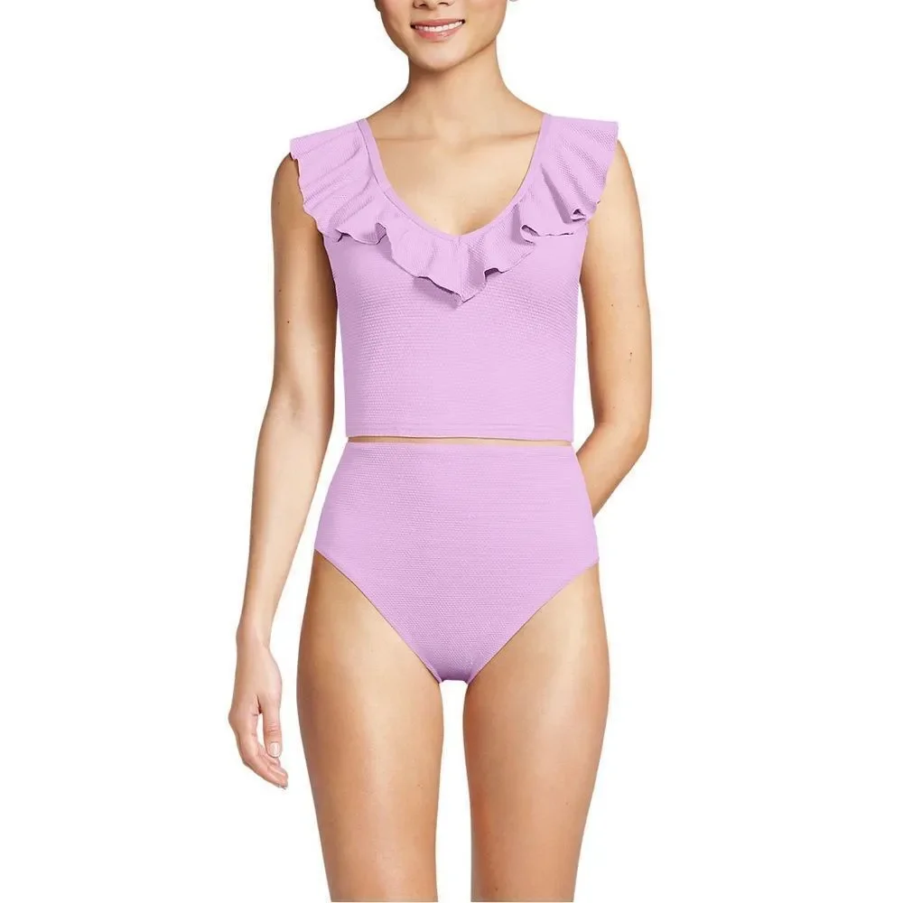 Land's End Pique textured Ruffle Midkini Tankini top Wild Lilac color size Small - Picture 5 of 10